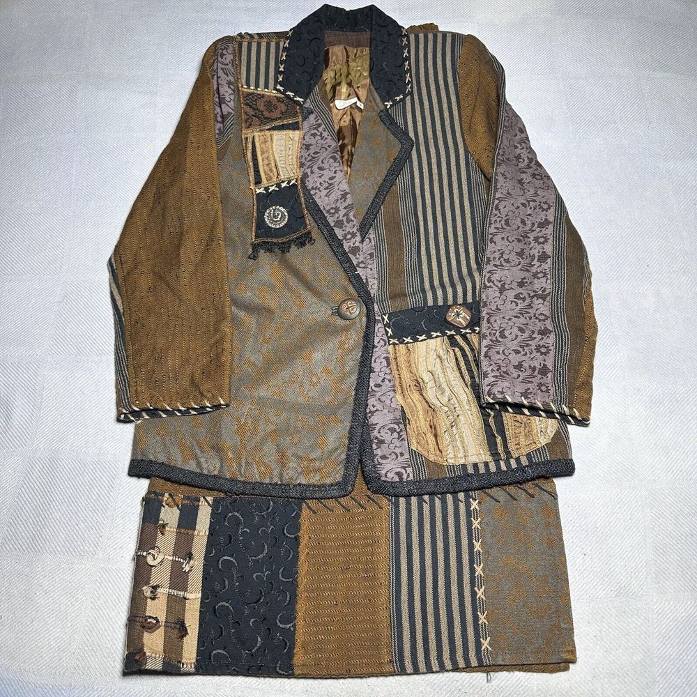 Vintage Crystal Handwovens Abstract‎ Art to Wear Blazer Skirt Set Women's Sz S/M